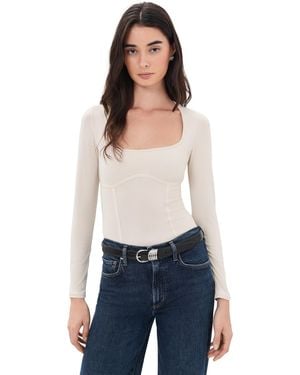 Fleur du Mal Scoop Neck Long Sleeve Thong Bodysuit - Blue