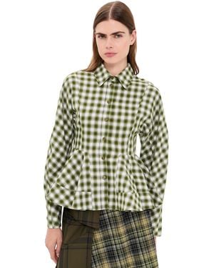 Ganni Light Check Flannel Peplum Shirt - Green