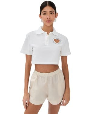 Area Crystal Heart Cutout Cropped Polo - White