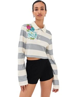 Area Embroidered Flower Rugby Stripe Long Sleeve Cropped Polo - White