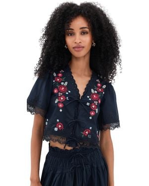 Moon River Embroidered Floral Tie Front Blouse - Black