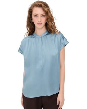 Vince Gathered Neck Cap Sleeve Silk Blouse - Blue