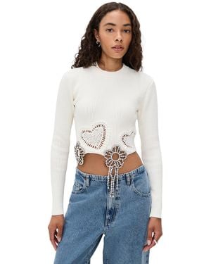 Area Crystal Crochet Flower Cropped Sweater - White
