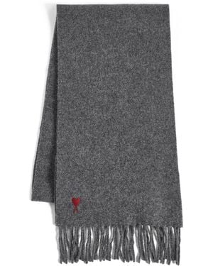 Ami Paris Quota Wool Scarf With De Coeur Embroidery - Gray