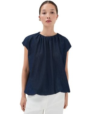 Tibi Summer Denim Shirred Neck Circular Top - Blue