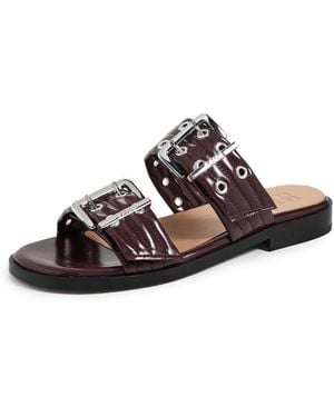 Ganni Feminine Buckle Two Strap Sandals Box Oleatex - Black