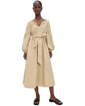 Vince Shirred Cotton Belted Tie-Neck Dress - Natural