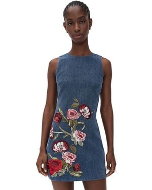 Alice + Olivia Cade Embroidered Sleeveless Shift Denim Mini Dress - Blue