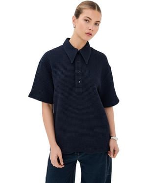 Tibi Quilted Waffle Polo Tunic Top - Blue