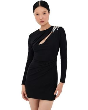 Area Crystal Cluster Draped Long Sleeve Mini Dress - Black