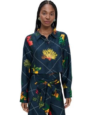 Coniglio Palm Beach Cropped Classic Silk Button Down - Black