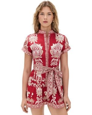 Alice + Olivia Lucy Roll Sleeve Button Down Romper - Red