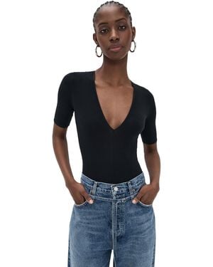 Fleur du Mal Cotton Deep V Thong Bodysuit - Black