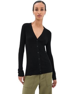 Tibi Feather Weight Ribbed V Neck Slim Cardigan - Black