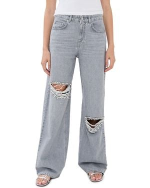 Area Distressed Crystal Relaxed Slit Jeans - Blue