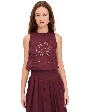 dress to Cotton Blouse Foliage Embroidery Top - Red