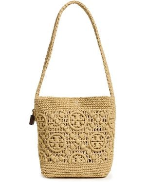 Tory Burch Lock T Monogram Crochet Bucket Bag - Natural