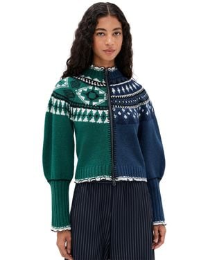 Sea Linea Fair Isle Zip Front Cardigan - Green