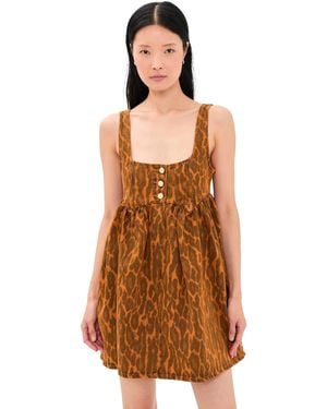 Ganni Print Denim Babydoll Mini Dress - Brown