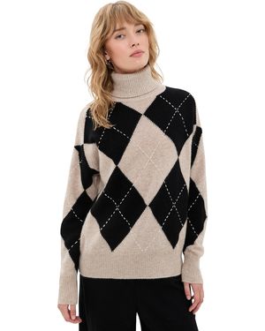 White + Warren Cashmere Argyle Turtleneck Pullover - Black