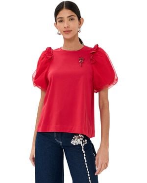 Simone Rocha Tulle Overlay Puff Sleeve Frill T-Shirt With Turbo - Red