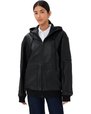 Tibi Pebbled Leather Zip Up Hoodie Jacket - Black