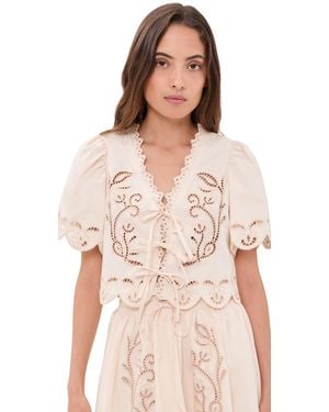 Moon River Short Sleeve Embroidered Eyelet Front Tie Top - Pink