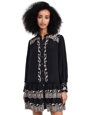 Sea Lacey Embroidery Long Sleeve Tunic Dress - Black