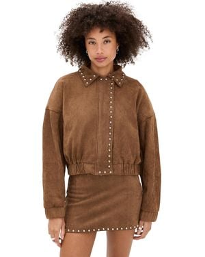 Moon River Stud Detail Zipper Front Faux Suede Jacket - Brown