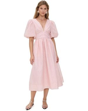 Sea Florence Embossed Puff Sleeve Midi Dress - Pink