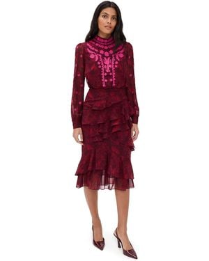 Saloni Isa Ruffle Silk Dress - Red