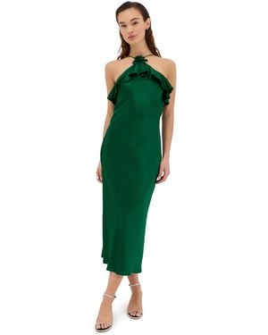 Rodarte Silk Satin Bias Halter Slip Dress With Ruffle Detail And Silk Flower - Green