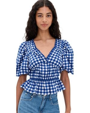 Sea Neci Gingham V Neck Top - Blue