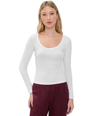 Leset Pointelle Scoop Neck Long Sleeve Shirt - White