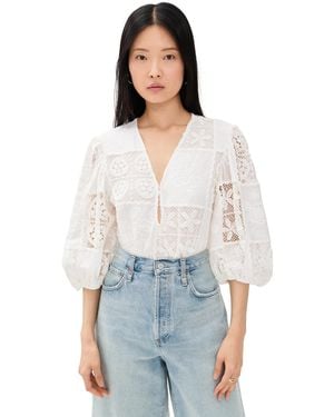 FARM Rio Rosy Eyelet Puffy Sleeve Thong Bodysuit - White