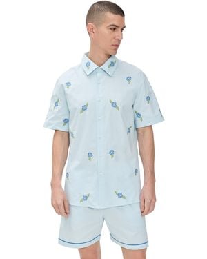 FANM MON Frankie Embroidered Short Sleeve Shirt - Blue