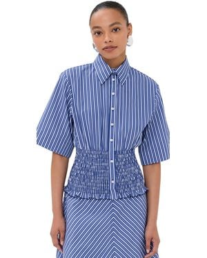 Brandon Maxwell The Harte Button Up Shirt With Smocked Bodice - Blue
