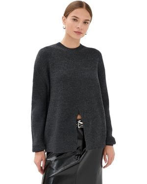 Tibi Cardigan Stitch Split Front Crew Neck Easy Pullover - Black