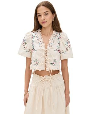 Moon River Short Puff Sleeve Eyelet Detail Top - Natural