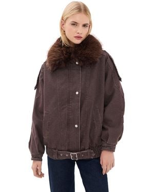 Avec Les Filles Combo Collar Belted Hem Bomber - Brown