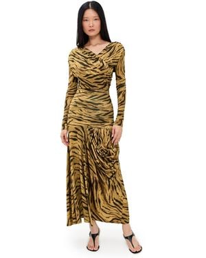 Ganni Printed Shiny Jersey Ruched Long Dress - Green