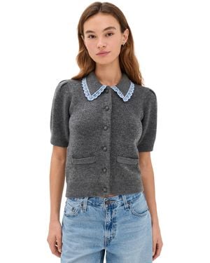 English Factory Lace Trimmed Puff Sleeve Knit Cardigan - Black