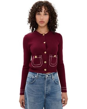 English Factory Stitch Detail Puff Sleeve Cardigan - Red