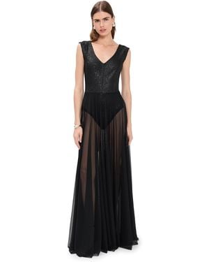 Norma Kamali Double Drop Shoulder Combo Flared Gown - Black