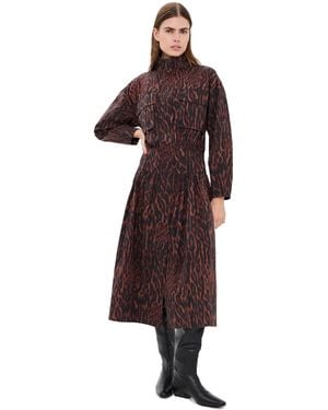 Ganni Printed Stretch Cotton Long Utility Dress - Brown