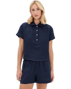 PERFECTWHITETEE Tabitha Linen Button Down Collared Tee - Blue