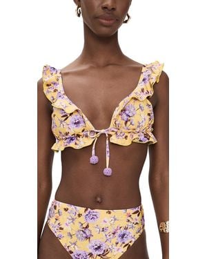 PATBO Peony Print Lycra Ruffle Bikini Top - Black