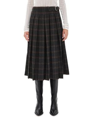 Sea Monroe Wool Plaid Belted Pleat Skirt - Black