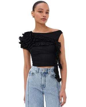ROKH Flower Draped Off Shoulder Top - Black