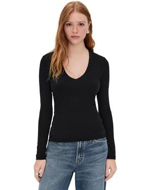 James Perse Stretch Rib Double Front Deep V Tee - Black